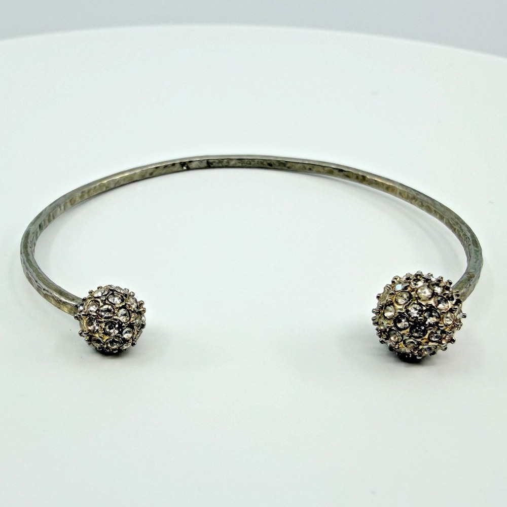 Vintage Silver Tone Rhinestone Disco Ball Cuff‎ Bracelet Open Bypass Bead Retro